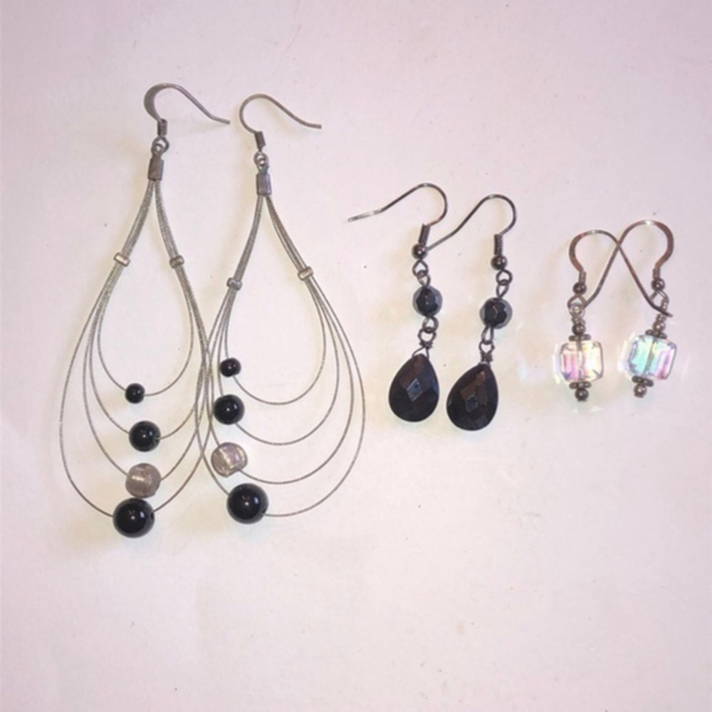 Lot of 3 Vintage Glass Beaded Dangle Earrings Rainbow Iridescent